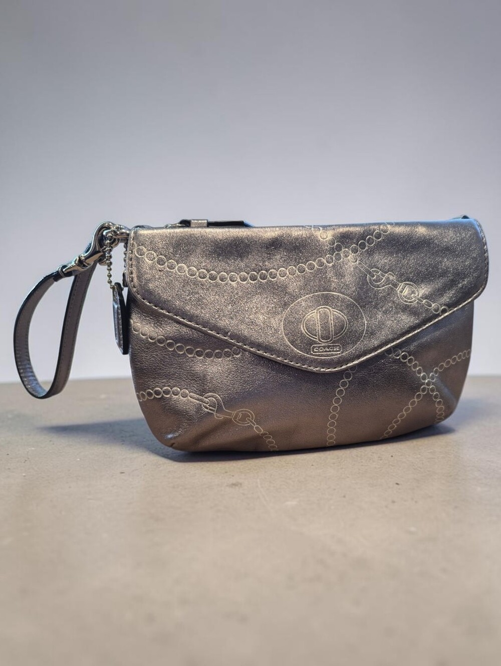Coach Leather Metallic Silver Chain-Embossed Demi Flap Shoulder Bag - Picture 2 of 8